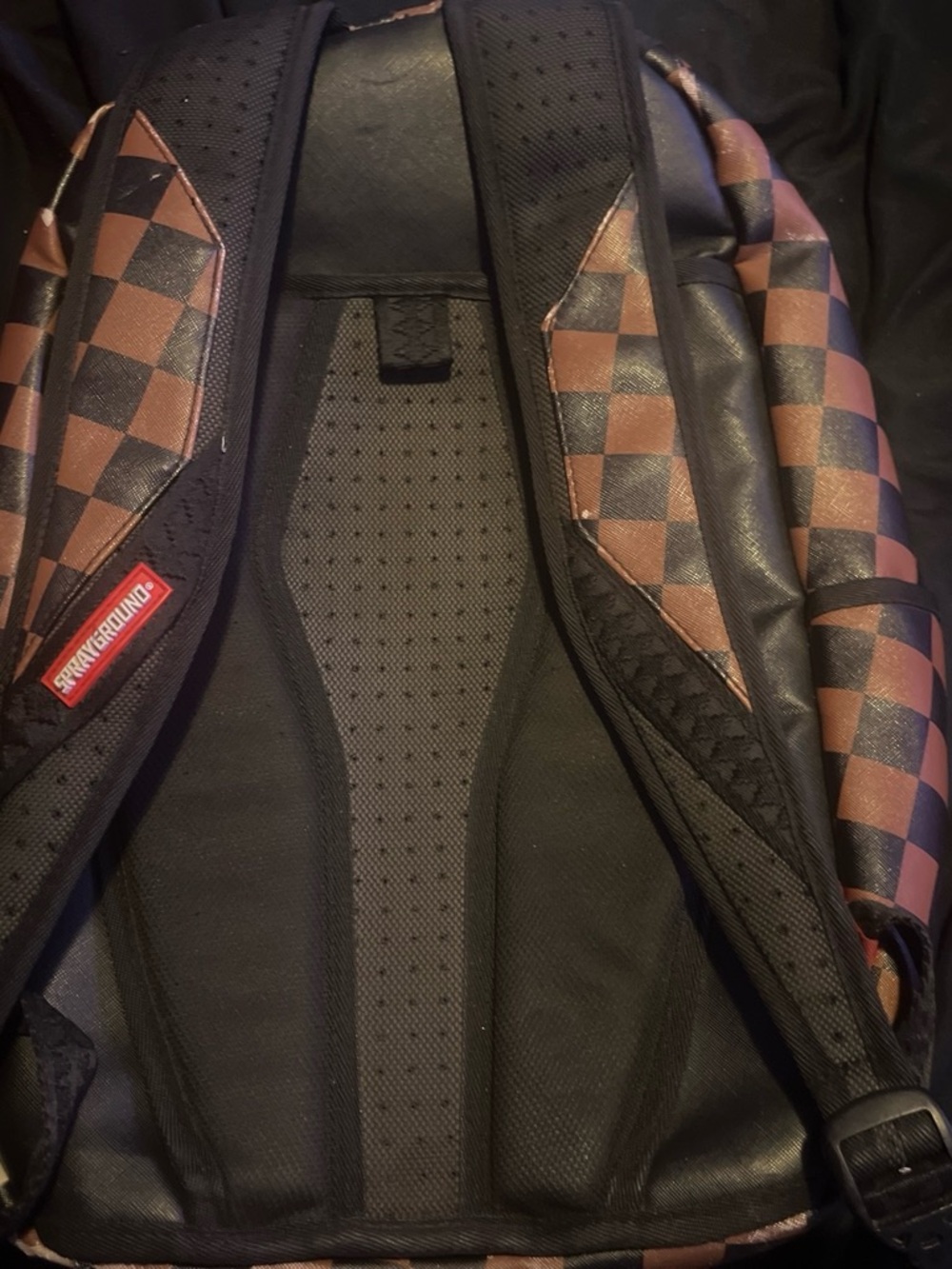 Sprayground Brown Checkerboard Shark Backpack with Red Accents - Picture 2 of 2